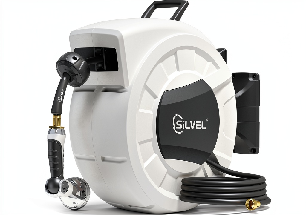 SILVEL retractable hose reel mounted on a garden wall